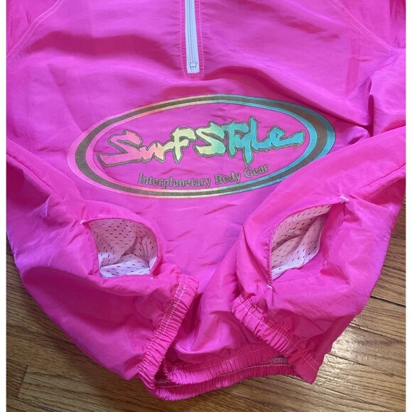 Vintage 90s XL Surf Style Unisex Neon Pink Pullover Windbreaker Jacket USA - Picture 5 of 11